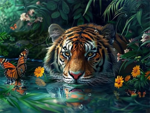 Diamond Painting Tiger Dschungel, Diamond Painting Erwachsene Groß 100x70cm, DIY Diamant Painting Bilder Kit, 5D Diamond Painting Set Daiments Painting Erwachsene für Zuhause Wanddekoration -YZ571 von QQFENG