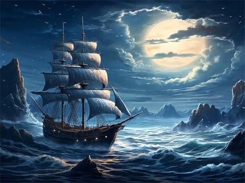 Diamond Painting Vollmond Diamant Painting Bilder, 5D Diamond Painting Erwachsene, Full Drill Diamond Painting Segelboot Cross Stickerei Malerei Diamond-Painting Kits für Wand Décor 100x70cm -YZ584 von QQFENG