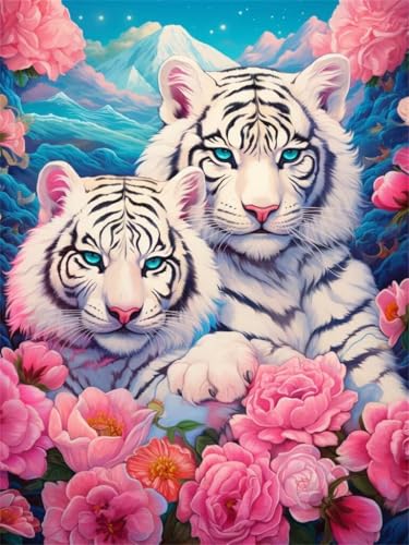 Diamond Painting Weißer Tiger Diamant Painting Bilder, 5D Diamond Painting Erwachsene, Full Drill Diamond Painting Blume Cross Stickerei Malerei Diamond-Painting Kits für Wand Décor 20x30cm -YZ554 von QQFENG