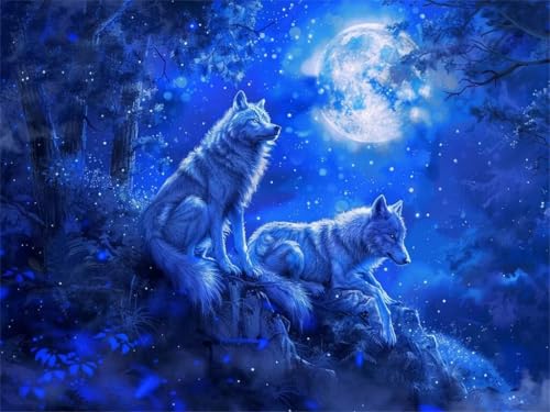 Diamond Painting Wolf Diamant Painting Bilder, 5D Diamond Painting Erwachsene, Full Drill Diamond Painting Vollmond Cross Stickerei Malerei Diamond-Painting Kits für Home Wand Décor 100x70cm -YZ569 von QQFENG