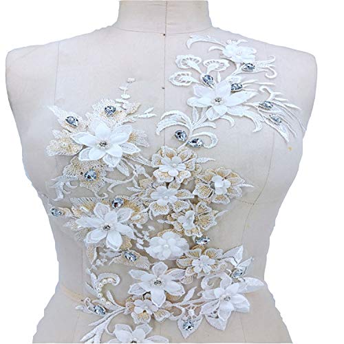 Stickerei-Aufnäher, Stickerei-Spitzen-Applikation, Brautkleid, 3D-Blumen-Aufnäher mit Strass-Perlen-Details, Nähzusatz for Bastelprojekte von QQNQQ