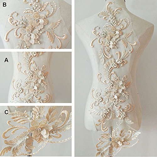 Stickerei-Aufnäher, Stickerei-Spitzenapplikation, zartes Kristall-3D-Blumenmotiv mit Perlendetails, Nähaufnäher for Abendkleid-Tanzkostüme(Champagne) von QQNQQ