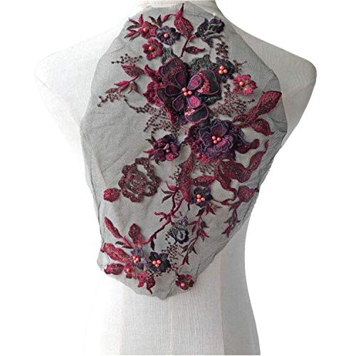 Stickerei-Patches, 3D-Stickerei-Patch, Perlen-Spitzen-Applikation mit Blumenblüte, hübsches Kleid, dekorative Ergänzung, Hochzeitsfeier-Motiv(Burgundy) von QQNQQ