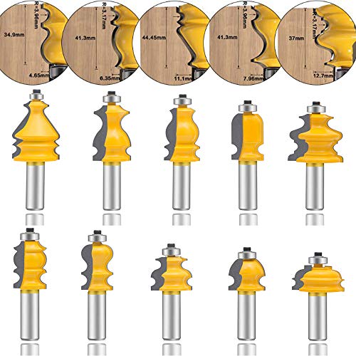 10-teiliges Fräserset für architektonische Formen mit 1/2-Zoll-Schaft, Fräsersets zum Abrunden von Ecken, Holztüren, Schubladen und Schränken, Fräsersets für die Profilierung von Profilen, CNC-Fräs von QQXUAN