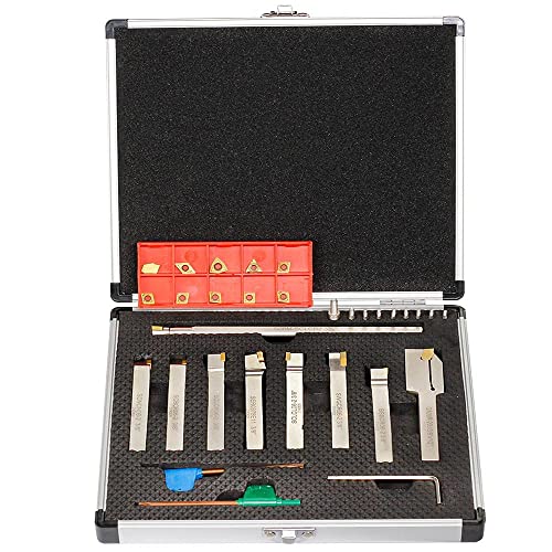 QQXUAN 3/8" Schaft, 9-teilig/Set, Wendeschneidplattenhalter und Bohrstange, CNC-Hochleistungshalter mit vernickelten Wendeplatten zum Drehen, Einstechen, Gewindeschneiden, Abschneiden von QQXUAN