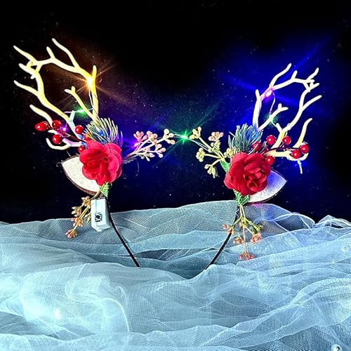 QQY Weihnachts-Stirnband, 2 Stück, Geweih, Weihnachts-Stirnband, beleuchteter LED-Blumenkranz, Kopfschmuck, Waldfee, Fotografie, Haarreifen für Frauen (F) von QQY