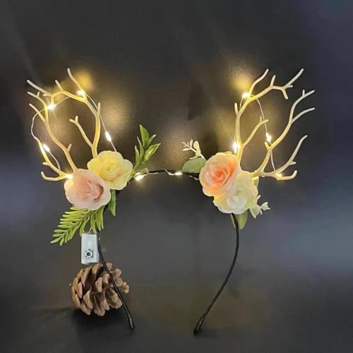 QQY Weihnachts-Stirnband, 2 Stück, Geweih, Weihnachts-Stirnband, beleuchteter LED-Blumenkranz, Kopfschmuck, Waldfee, Fotografie, Haarreifen für Frauen (N) von QQY