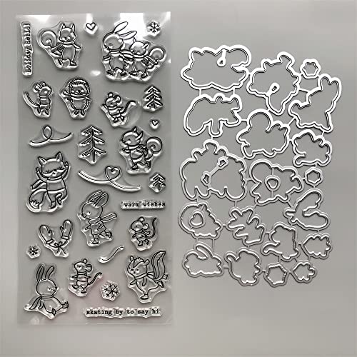 QQYDZSW Stanzformen for Scrapbooking, Weihnachts-Eichhörnchen, Kaninchen, transparente Stempel und Metall-Stanzformen for Kartenherstellungsmaterial, DIY-Papier, Prägeschablonen, Siegel, Basteln von QQYDZSW