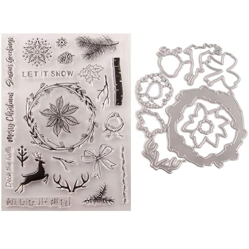 Scrapbooking-Werkzeuge, Weihnachts-, Hirsch- und Blumen-Stempel, transparente Stempel und Metall-Stanzformen for die Kartenherstellung, Material for Selbermachen, Papierprägeschablonen, Siegel, Bastel von QQYDZSW