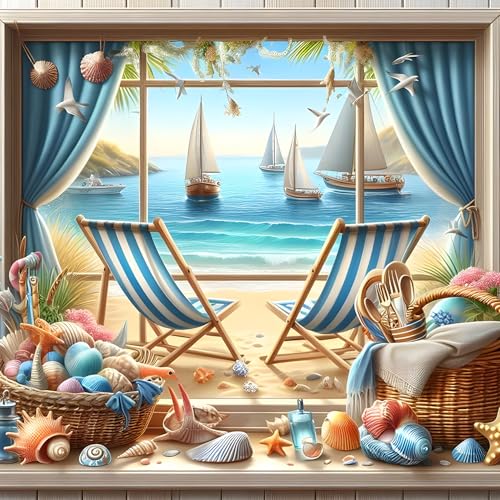 QQYRHN Beach Chair Diamond Painting Kits for Beginners Adults,5D Sailboat Diamond Art Kits, DIY Seashell Round Full Drill Diamond Dots Diamond Gem Art with Painting Kits for Home Wall Decor 12x12 Inch von QQYRHN