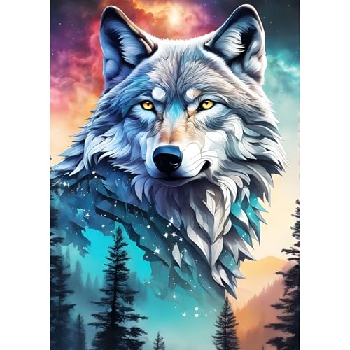 QQYRHN Forest Wolf Diamond Painting Kits for Beginners Adults,5D Wolf Diamond Art Kits, DIY Round Full Drill Diamond Dots Fantasy Diamond Gem Art with Painting Kits for Home Wall Decor 12x16 Inch von QQYRHN