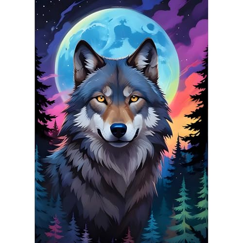 QQYRHN Moon Diamond Painting Kits for Beginners Adults,5D Wolf Diamond Art Kits, DIY Round Full Drill Forest Gem Art with Painting Kits for Home Wall Decor 12x16 Inch von QQYRHN