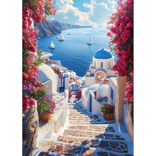 QQYRHN Santorini Diamond Painting Kits for Beginners Adults,5D Aegean Sea Diamond Art Kits, DIY Round Full Drill Church Diamond Dots Diamond Gem Art with Painting Kits for Home Wall Decor 12x16 Inch von QQYRHN