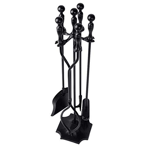 QRTERTYG 5-teiliges schwarzes Kaminbesteck-Set – Robustes Kaminbesteck-Set aus Schmiedeeisen mit Schürhaken, Schaufel, Zange, Besen und Ständer – Einfach zusammenzubauen von QRTERTYG