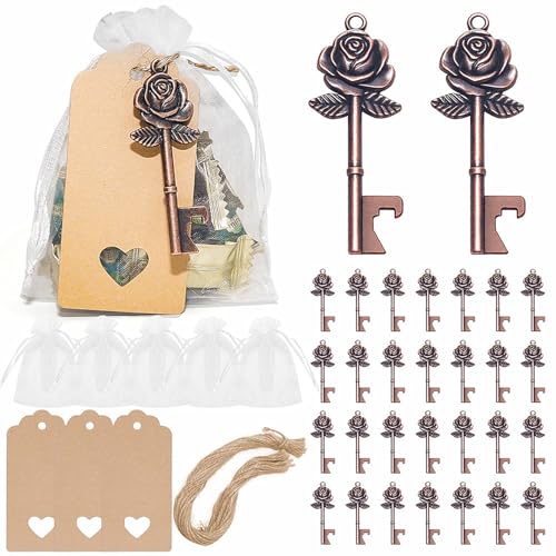 QRZLP 30-teiliges Hochzeitsgeschenk-Set für Gäste, Rosen-Schlüsselanhänger mit Blanko-Etiketten, Organza-Beutel, Seil für Babyparty, Hochzeit oder Brautparty, Partyzubehör von QRZLP