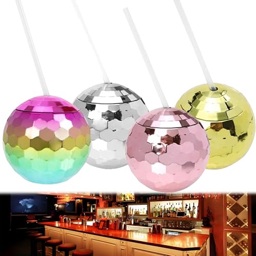 QSLKI 4Pcs Discokugel-Becher mit Deckel und Strohhalm, Weinglas, Bar, Cocktailbecher, glitzernd, Disco-Flash-Ball, Partyzubehör für Disco-Bar, Party, Wein, Trinken, Sirup, Tee-Flasch (4style) von QSLKI