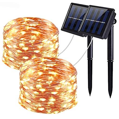 QSPORTPEAK Solar Lichterkette Aussen, 2x12M 100 LED Solarlichterkette Außen Wetterfest 8 Modi IP65 Wasserdicht Kupferdraht Lichterkette Außen Solar Outdoor für Balkon Hochzeit Deko Warmweiß von QSPORTPEAK