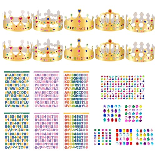 QSZHSL 22 Stück Papier Krone Partyhüte mit Alphanumerische Aufkleber und Selbstklebende Strasssticker, Golden Paper Crowns, Diy Party Krone Geburtstag, für Junge Mädchen Geburtstagsfeier (22 Stück) von QSZHSL