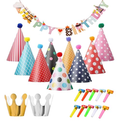 QSZHSL 22 Stück Partyhüte Geburtstag Set, Papier Krone Hut Party Kegel Hüte Kindergeburtstag Tröte, Party Hüte zum Geburtstag mit Pompons, Für Familienfeiern Für Kinder und Erwachsene (22 Stück) von QSZHSL