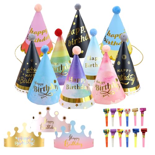 QSZHSL 25 Stücke Partyhüte Set, Partyhüte Kindergeburtstag Party Kegel Hüte mit Pom Poms, Papier Krone Hut Party Kegel Hüte Kindergeburtstag Tröte,für Familienfeiern für Kinder Erwachsene (25 Stücke) von QSZHSL