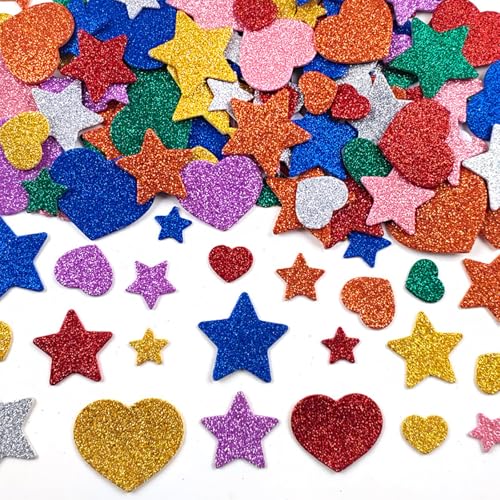 QSZHSL 300 Stück Glitter Schaumstoff Aufkleber, Glitzer Aufkleber, Farben Selbstklebend Stern und Herz Sticker, Schaumstoff Sticker Set für Kunsthandwerk DIY Dekoration Sammelalben (300 Stück) von QSZHSL