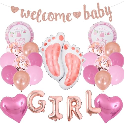 QTTRPCU 38 Stück Baby Shower Deko Girl, Welcome Home Baby Girl mit Baby Girl Ballon Banner Helium Folienballon von QTTRPCU