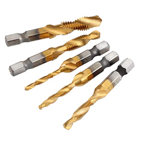 QUANHAO 6pcs 1/4" HSS M3-M10 Kombi Bohrer Gewindebohrer Schraube Sechskantschaft Senker Werkzeuge Maschinengewindebohrer Set für Holz Kunststoff Dünnes Aluminium, Nicht für Harten Materialien (Golden) von QUANHAO