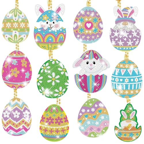 QUANMAITONG 5D Diamond Painting Ostern Schlüsselanhänger Basteln，12 Stück DIY Ostereier Diamond Painting Schlüsselanhänger Kinder Diamond Painting Hase Frühling Anhänger Ostern Geschenke Kinder von QUANMAITONG