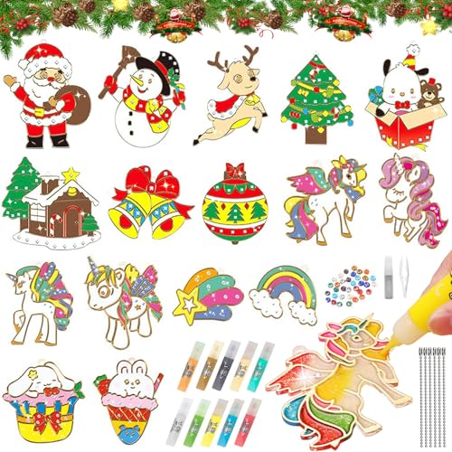 QUANMAITONG Kristallklebemalerei Weihnachtlich DIY Set Bastelset Weihnachten Kinder，16 Stücke Window Color Weihnachtsbasteln Set Kinder ，Crystal Paint Arts Weihnachts Bastelset Kinder von QUANMAITONG