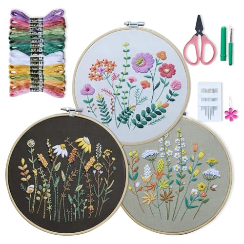 QUANMAITONG Sticken Set Erwachsene,Blumenmuster Pflanzen Stickset für Anfänger Embroidery Kit Stickerei Set, Stick And Poke Set Stickbilder Erwachsene Stickrahmen Holz DIY Set, Kreuzstich Set von QUANMAITONG