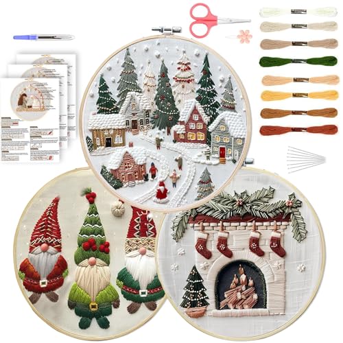 QUANMAITONG Sticken Set Erwachsene，Stickset Weihnachten Stickset für Anfänger Embroidery Kit Stickerei Set, Stick And Poke Set Stickbilder Stickrahmen DIY Set, Kreuzstich Set Weihnachten Deko (3 set) von QUANMAITONG