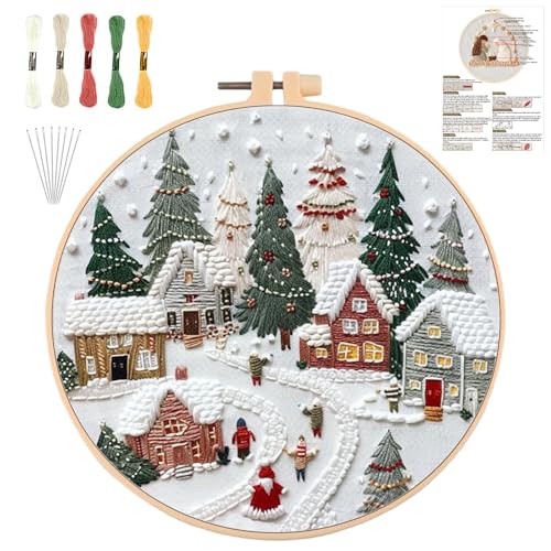 Sticken Set Erwachsene，Stickset Weihnachten Stickset für Anfänger Embroidery Kit Stickerei Set, Stick And Poke Set Stickbilder Stickrahmen DIY Set, Kreuzstich Set Weihnachten Deko (Ferien-Dorf) von QUANMAITONG