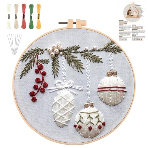 Sticken Set Erwachsene，Stickset Weihnachten Stickset für Anfänger Embroidery Kit Stickerei Set, Stick And Poke Set Stickbilder Stickrahmen DIY Set, Kreuzstich Set Weihnachten Deko (Holly-Bauble) von QUANMAITONG