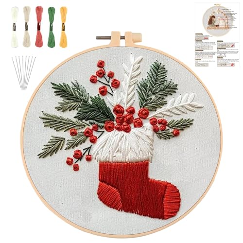 Sticken Set Erwachsene，Stickset Weihnachten Stickset für Anfänger Embroidery Kit Stickerei Set, Stick And Poke Set Stickbilder Stickrahmen DIY Set, Kreuzstich Set Weihnachten Deko (Strümpfe) von QUANMAITONG