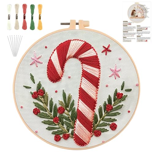 Sticken Set Erwachsene，Stickset Weihnachten Stickset für Anfänger Embroidery Kit Stickerei Set, Stick And Poke Set Stickbilder Stickrahmen DIY Set, Kreuzstich Set Weihnachten Deko (Kandiszuckerstange) von QUANMAITONG