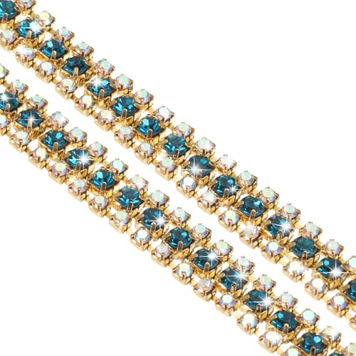 QUARKZMAN 1 Yard 3 Reihen Kristall Strass Kette Trim, Kristall Strass Diamant Streifen Strass Bling Nähen Verzierungen (9mm, AB und Blaue Strass mit Gold Basis) von QUARKZMAN