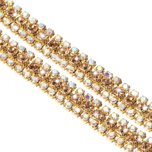 QUARKZMAN 1 Yard 3 Reihen Kristall Strass Kette Trim, Kristall Strass Diamant Streifen Strass Bling Nähen Verzierungen (9mm, AB und Gelber Strass mit Gold Basis) von QUARKZMAN