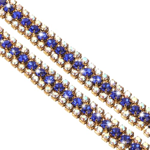 QUARKZMAN 1 Yard 3 Reihen Kristall Strass Kette Trim, Kristall Strass Diamant Streifen Strass Bling Nähen Verzierungen (9mm, AB und Lila Strass mit Gold Basis) von QUARKZMAN