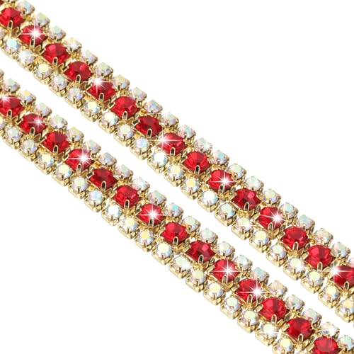 QUARKZMAN 1 Yard 3 Reihen Kristall Strass Kette Trim, Kristall Strass Diamant Streifen Strass Bling Nähen Verzierungen (9mm, AB und Roter Strass mit Gold Basis) von QUARKZMAN