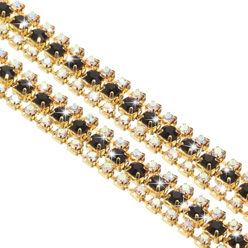 QUARKZMAN 1 Yard 3 Reihen Kristall Strass Kette Trim, Kristall Strass Diamant Streifen Strass Bling Nähen Verzierungen (9mm, AB und Schwarzer Strass mit Goldbasis) von QUARKZMAN