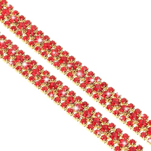 QUARKZMAN 1 Yard 3 Reihen Kristall Strass Kette Trim, Kristall Strass Diamant Streifen Strass Bling Nähen Verzierungen (9mm, Roter Strass mit Goldbasis) von QUARKZMAN