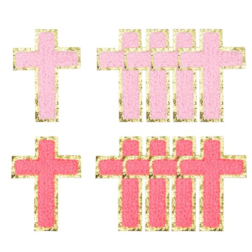 QUARKZMAN 10 Stück Eisen Aufnäher Kreuz, 3 x 2 Zoll Goldrand Stickerei Kreuz Aufnäher für Kleidung, Hüte, Jeans, DIY-Projekte, Pfirsichrot, Pink von QUARKZMAN