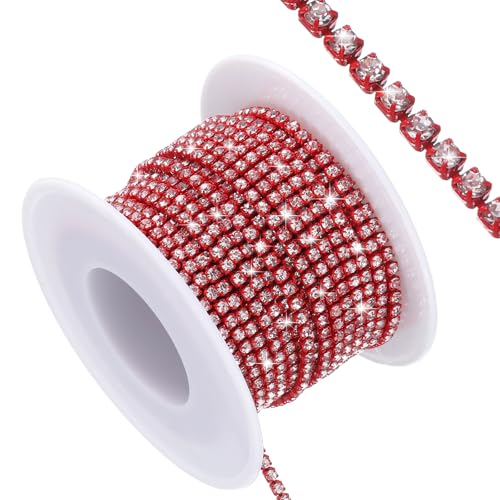 QUARKZMAN 10 Yard Crystal Rhinestone Close Chain Trim, Crystal Rhinestone Diamond Strips for Jewelry Making, Rhinestone Bling Sewing Embellishments, Silver Rhinestone with Light Red Base von QUARKZMAN