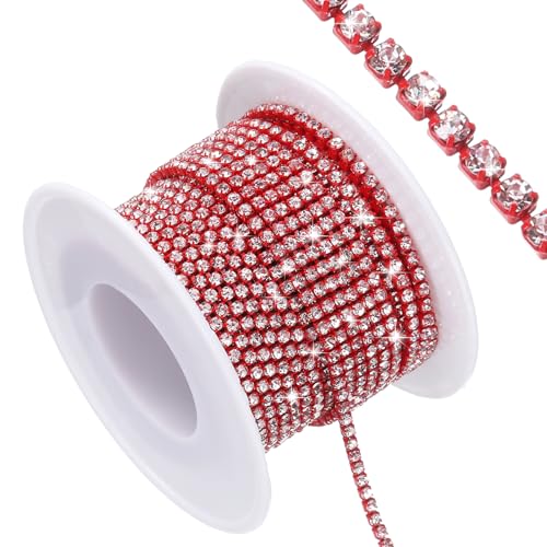 QUARKZMAN 10 Yard Crystal Rhinestone Close Chain Trim, Crystal Rhinestone Diamond Strips for Jewelry Making, Rhinestone Bling Sewing Embellishments, Silver Rhinestone with Red Base von QUARKZMAN