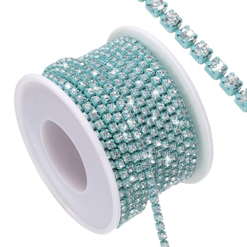 QUARKZMAN 10 Yard Crystal Rhinestone Close Chain Trim, Crystal Rhinestone Diamond Strips für Juwelenherstellung, DIY, Rhinestone Bling Nähaufnäher, Silber Rhinestone mit Blaue Basis von QUARKZMAN