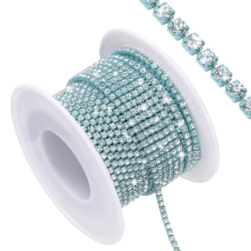 QUARKZMAN 10 Yard Crystal Rhinestone Close Chain Trim, Crystal Rhinestone Diamond Strips für Juwelenherstellung, Rhinestone Bling Nähverzierungen, Silber Rhinestone mit Blaue Basis von QUARKZMAN