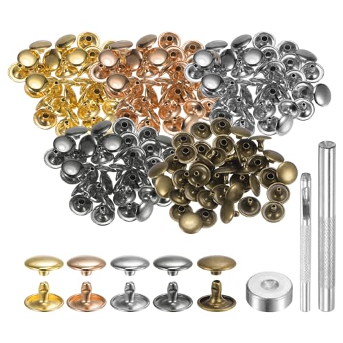 QUARKZMAN 100 Sets Leder Nieten 12mm x 8mm Metall Doppelkappe Nieten Druckknöpfe Befestigungselemente mit 3pcs Werkzeugen zum Setzen für Lederhandwerk Reparatur Dekoration, Mehrfarbig von QUARKZMAN