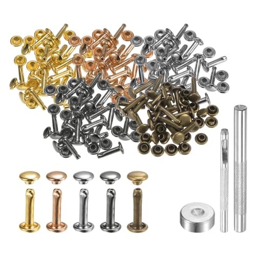 QUARKZMAN 100 Sets Leder Nieten 6mm x 12mm Metall Doppelkappe Nieten Druckknöpfe Befestigungselemente mit 3 Stück Werkzeugen für Lederhandwerk DIY Reparatur Dekoration, Mehrfarbig von QUARKZMAN