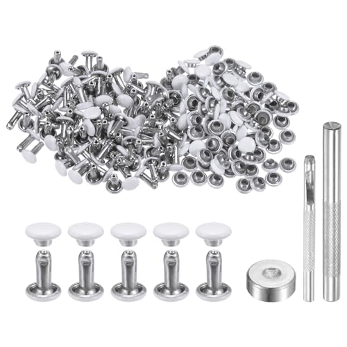 QUARKZMAN 100 Sets Leder Nieten 6mm x 8mm Metall Doppelkappe Nieten Druckknöpfe Befestigungselemente mit 3 Stück Werkzeugen zum Setzen von Nieten für Lederhandwerk DIY Dekoration, Weiß von QUARKZMAN