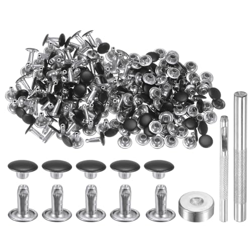 QUARKZMAN 100 Sets Leder Nieten 8mm x 10mm Metall Doppelkappe Nieten Druckknöpfe Befestigungselemente mit 3pcs Werkzeugen zum Setzen für Lederhandwerk Reparatur Dekoration, Mattschwarz von QUARKZMAN